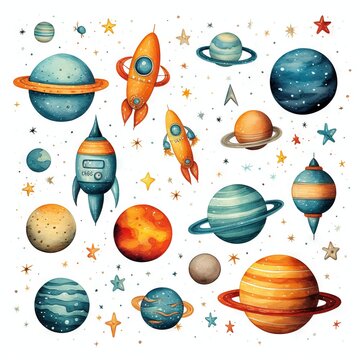 Vecteur mignon comme l'espace aquarelle, l'univers, les plan&egrave;tes isol&eacute;es sur fond blanc. IA g&eacute;n&eacute;rative, IA