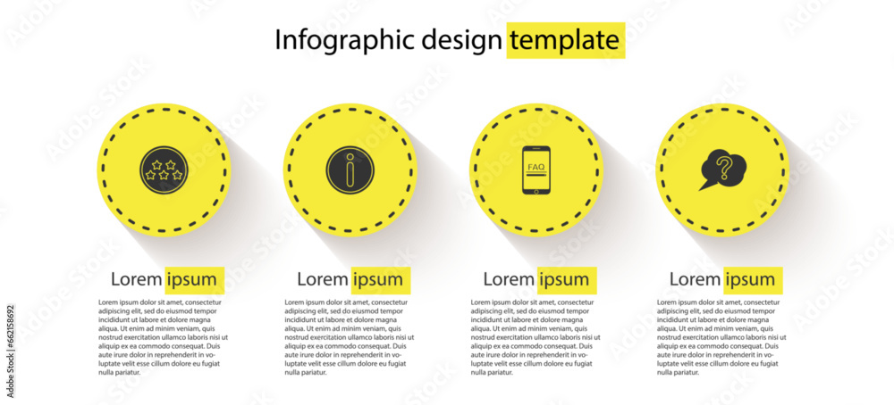 Poster set five stars rating review, information, mobile with faq information and speech bubble question. b
