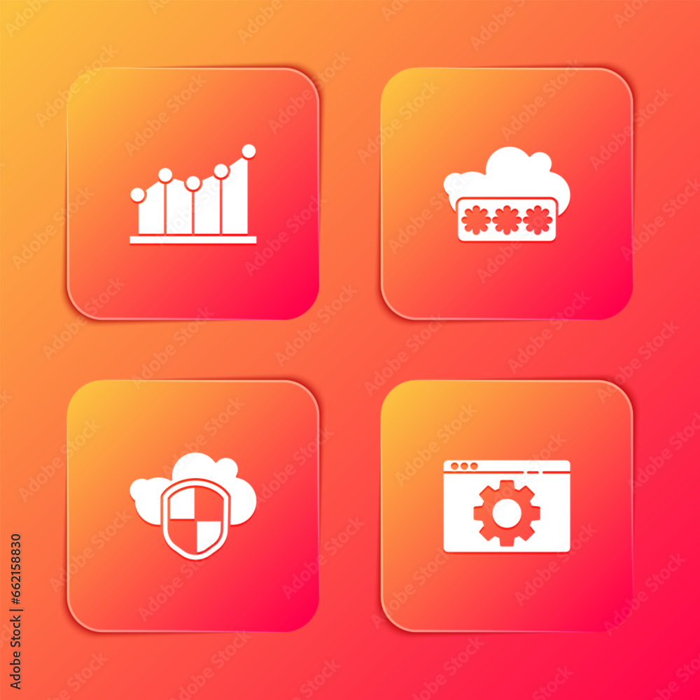 Poster set pie chart infographic, password protection, cloud and shield and browser setting icon. vector