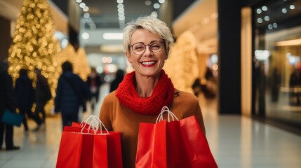 Smiling middle-aged woman with Christmas gifts in shopping bags in a shopping mall. Christmas sale concept, - obrazy, fototapety, plakaty