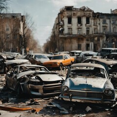 AI generated illustration of damaged cars parked on a busy city street