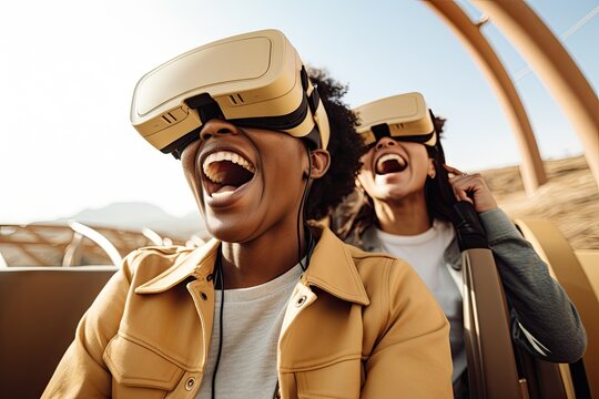 Portrait group of tourist people wearing Virtual reality glasses and enjoying on the sky roller coaster background.