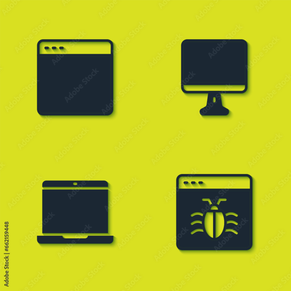 Poster set browser window, system bug, laptop and computer monitor screen icon. vector