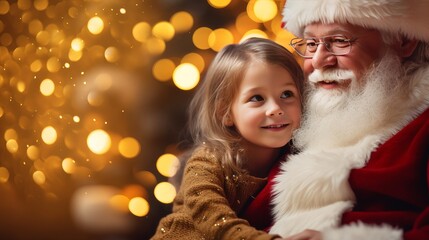 A child in the arms of Santa Claus near the Christmas tree