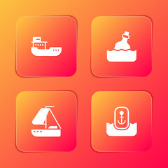 Set Cargo ship, Bottle with message in water, Yacht sailboat and Location anchor icon. Vector