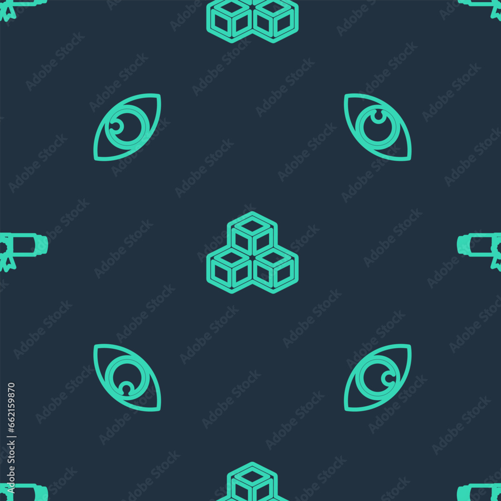 Poster set line isometric cube, eye and diploma rolled scroll on seamless pattern. vector