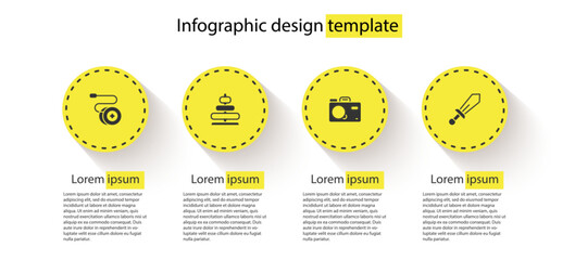 Set Yoyo toy, Pyramid, Photo camera and Sword. Business infographic template. Vector