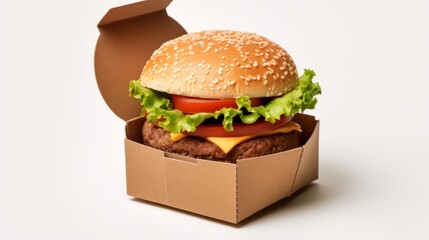 A delicious hamburger with fresh lettuce and juicy tomato served in a convenient cardboard box