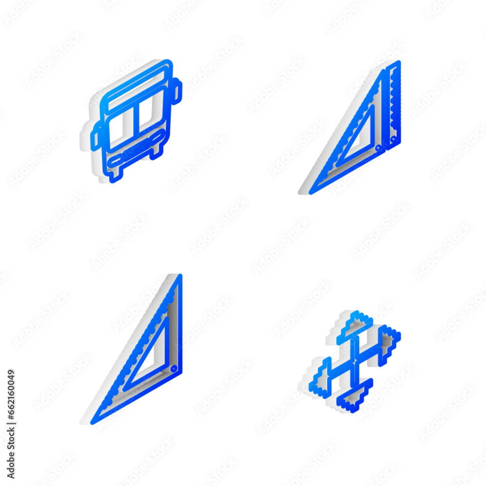 Poster set isometric line triangular ruler, bus, and pixel arrows in four directions icon. vector