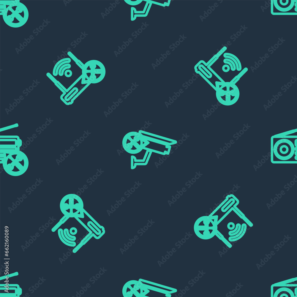Poster set line security camera service, router wi-fi with and radio on seamless pattern. vector
