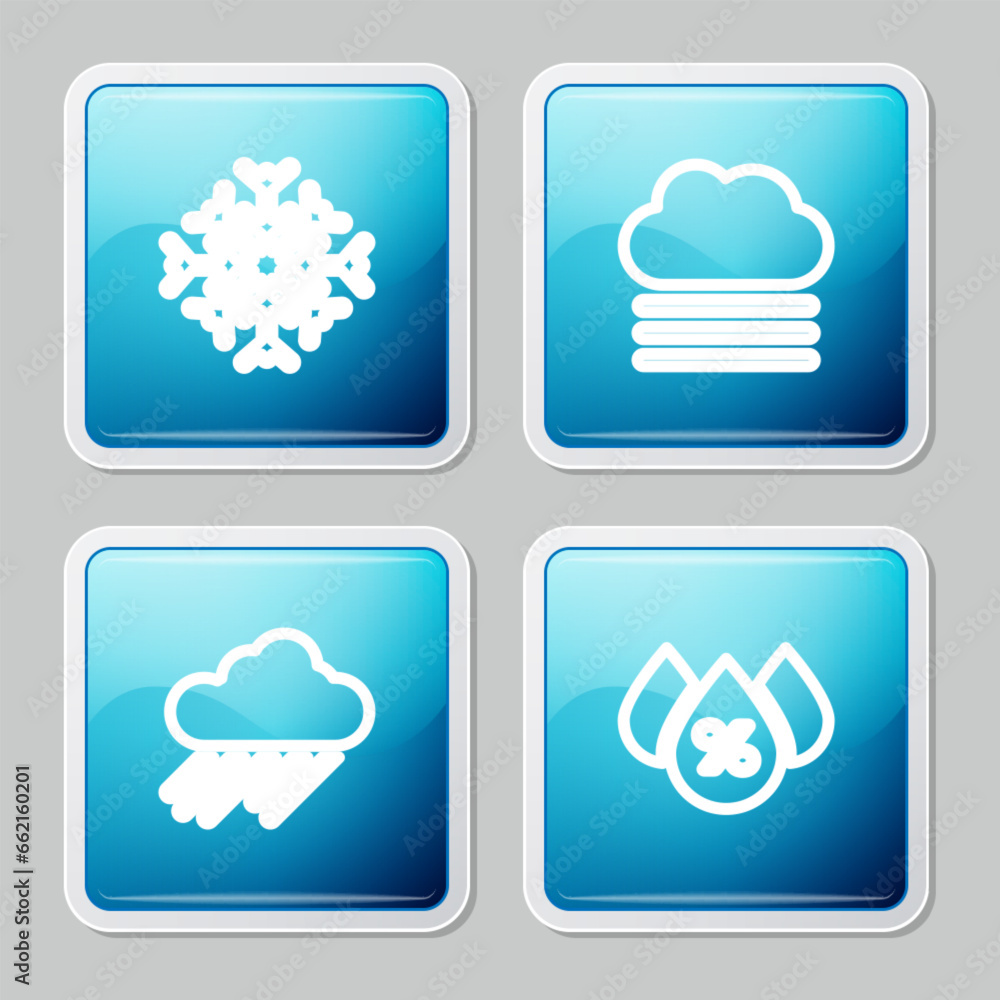 Poster set line snowflake, fog and cloud, cloud with rain and water drop percentage icon. vector