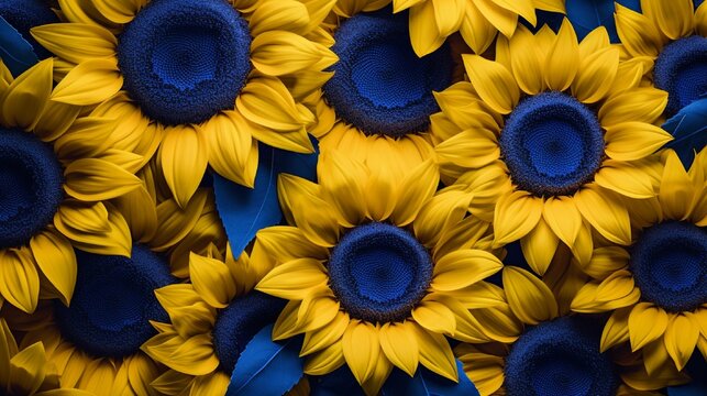 An assembly of sunflowers with bright yellow petals gathered together against a bold royal blue background, radiating joy and positivity