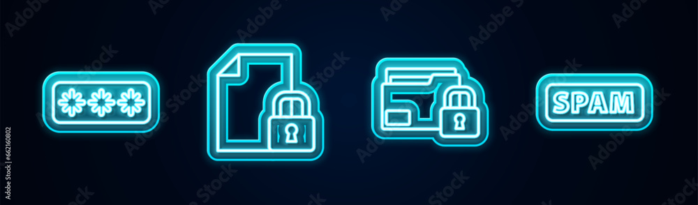 Poster set line password protection, document and lock, folder and spam. glowing neon icon. vector