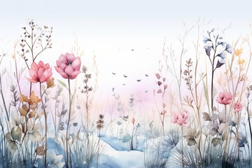 Bordure harmonieuse avec des fleurs, des feuilles et des plantes multicolores enneigées et glacées abstraites, des flocons de neige. fond blanc, illustration de prairie d'hiver. IA générative, IA - obrazy, fototapety, plakaty