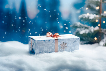 Gift box on snow, ice flack stick on the box, present wallpaper.