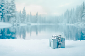 Gift box on snow, ice flack stick on the box, lake and pine forest in background.
