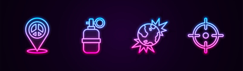 Set line Location peace, Hand grenade, Bomb explosive planet earth and Target sport. Glowing neon icon. Vector