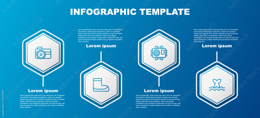 Sticker set line photo camera for diver, boots, and whale tail. business infographic template. vector