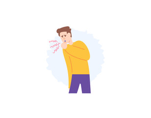 a man coughs. cough with phlegm or cough without phlegm. coughing because of an itchy or sore throat. health problems and disease. male character. cartoon or flat style illustration design. vector 