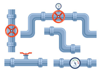 Pipe of water with valve and meter of pressure. Pipe elements. System of pipeline with valve and manometer for industry. Construction of steel tube. Vector illustration.