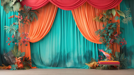 stage with blue and orange flower curtains for showcase