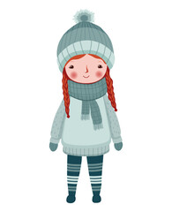 Cute funny girl in winter clothes. Hand drawn girl in fairy tale scandinavian style.