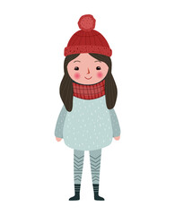 Vecor girl in fairy tale scandinavian style. Cute girl in winter clothes.