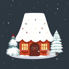 Christmas scandinavian house and trees. Cute scandi winter home. Trendy childish vector house. Christmas card