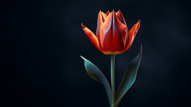 A close-up of a fiery orange tulip with a dark charcoal background, emphasizing the flower's vibrant color and graceful curves
