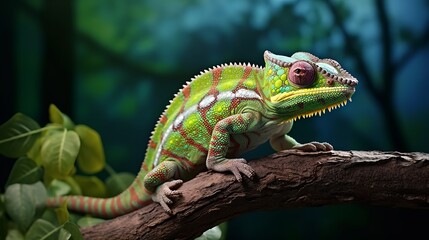 Fototapeta premium A camouflaged chameleon perched on a vibrant green branch in a lush forest