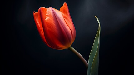A close-up of a fiery orange tulip with a dark charcoal background, emphasizing the flower's vibrant color and graceful curves