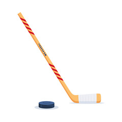Ice Hockey puck and stick. Sport symbol. Vector Illustration isolated on white background.