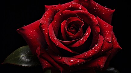 A close-up photograph of a vibrant red rose in full bloom against a deep black background, capturing the intricate details of its petals and rich color