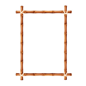 Bamboo frame from sticks and rope in cartoon style, border isolated on white background. Tribal panel, game menu.