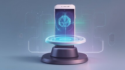 a phone is on a stand with a blue light