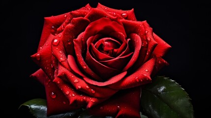 A close-up photograph of a vibrant red rose in full bloom against a deep black background, capturing the intricate details of its petals and rich color