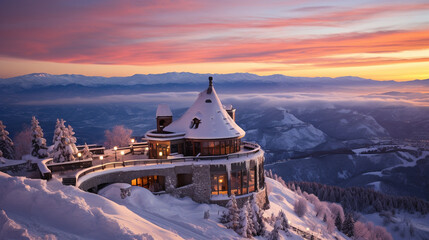 Mountain Sunrise: A magical sunrise over a snow-covered mountain range, with hues of pink and orange reflecting off the powdery slopes.