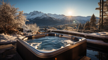 Hot Tub Retreat: A luxurious winter resort hot tub, set outdoors and steaming in the crisp cold, with snow-capped peaks in the background. - obrazy, fototapety, plakaty