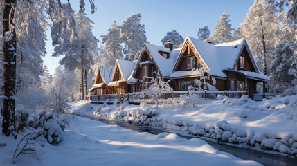 Snowy Cabins: A cluster of charming cabins covered in snow, set against the backdrop of a vast winter wonderland.