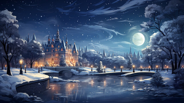 Ice Skating Rink: A magical ice skating rink surrounded by twinkling lights, with skaters gliding gracefully under the starry night sky.