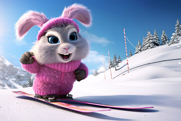 Easter bunny on a ski in the mountains. 3d rendering - obrazy, fototapety, plakaty
