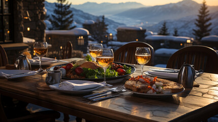 Gourmet Winter Dining: A gourmet restaurant at the resort, with an exquisite meal served on a snowy outdoor terrace with mountain views. - obrazy, fototapety, plakaty