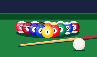 Billiard table with cue and gaming balls. Billiard room. Snooker or pool sport play, banner template. Vector illustration.