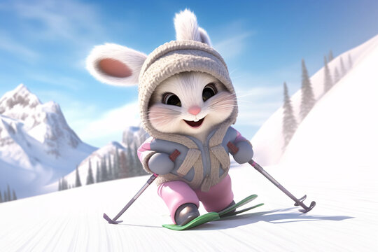 Cute bunny skiing in the mountains. 3d illustration. Cartoon character.