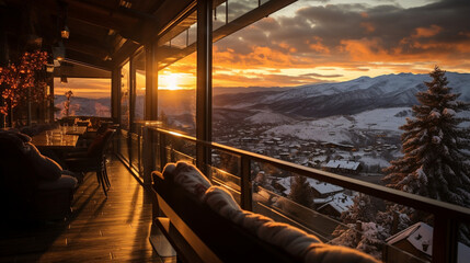 Ski Lodge Balcony: A view from the balcony of a ski lodge, overlooking skiers gliding down the pristine slopes as the sun sets. - obrazy, fototapety, plakaty