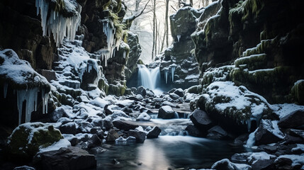 Frozen Waterfall: A stunning frozen waterfall surrounded by icicles, a testament to the magic of winter, set deep in a snowy forest.