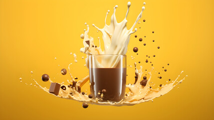 milk splash in a glass with chocolate on a yellow background