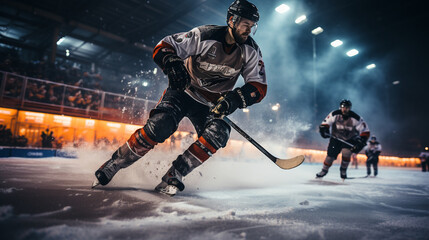 Ice Hockey Rink: An action-packed shot of a competitive ice hockey game under the stadium lights, with icy spray trailing the players' movements. - obrazy, fototapety, plakaty