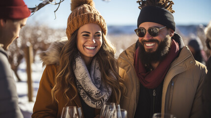 Winter Wine Tasting: A group of friends enjoying a wine tasting event in an outdoor winter setting, with vineyards blanketed in snow.