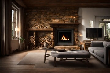 living room with fireplace4k HD quality photo.